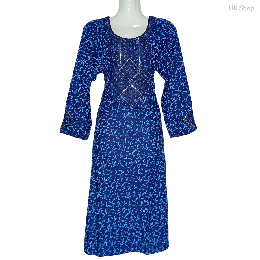 Blue Embroidered Cotton Frock with Block Print