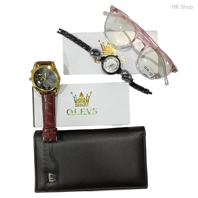 couple combo- men's watch and wallet- women's watch and stylish sunglass, lady's olevs watch lady's sunglass grid men's olevs belt watch and dunhill long wallet.
