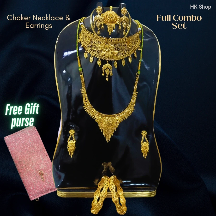 Luxury Gold-Plated Bridal Jewelry Set – Choker, Necklace, Earrings & Bangles