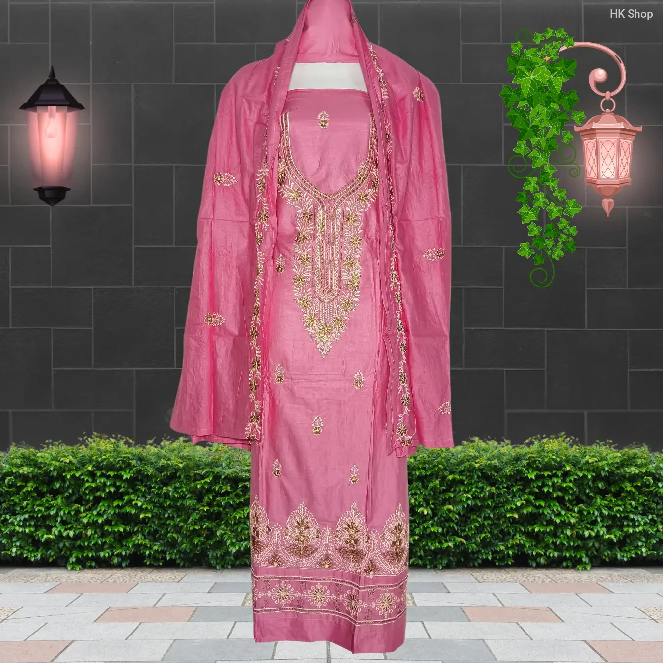 Elegant Muslim Cotton 3-Piece Embroidered Dress for Women – Pink